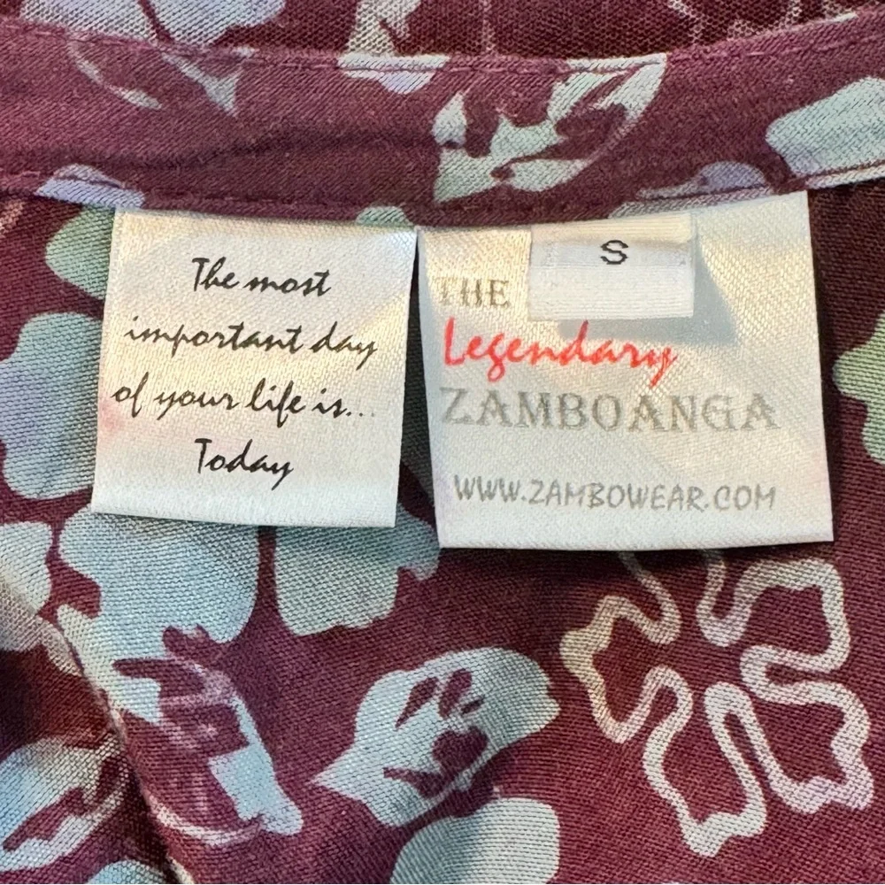The Legendary Zamboanga Size Small Purple/Blue Rayon Batik Faux Wrap SS Top